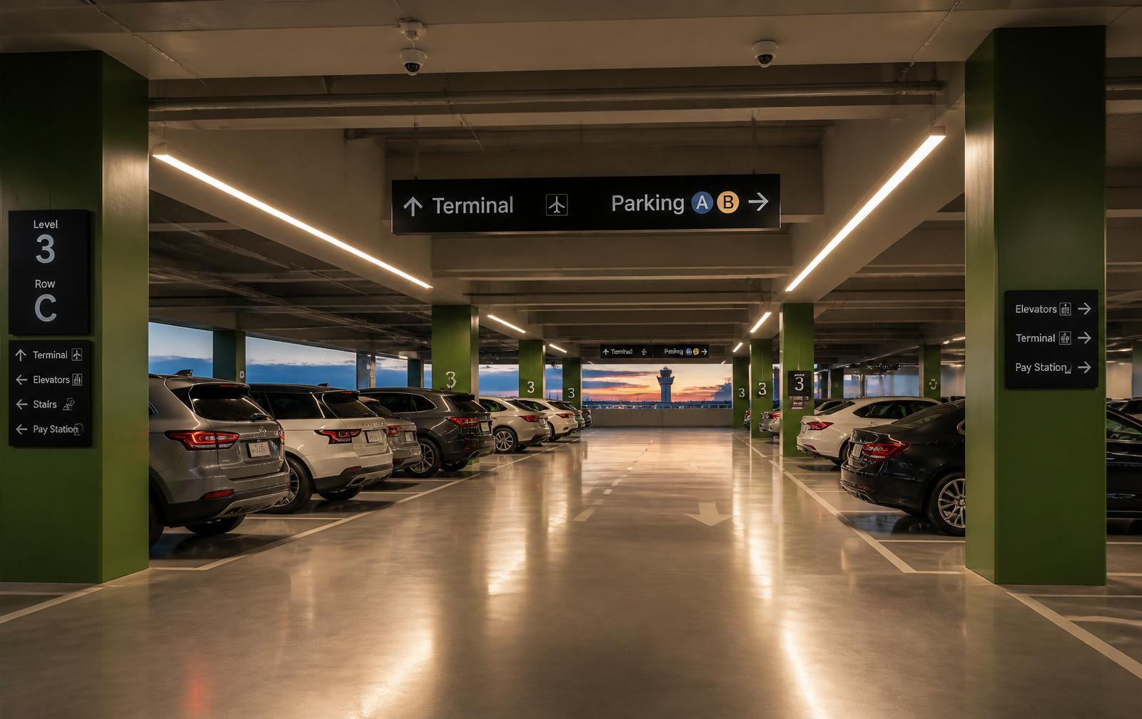 Garagem coberta iluminada da Chape